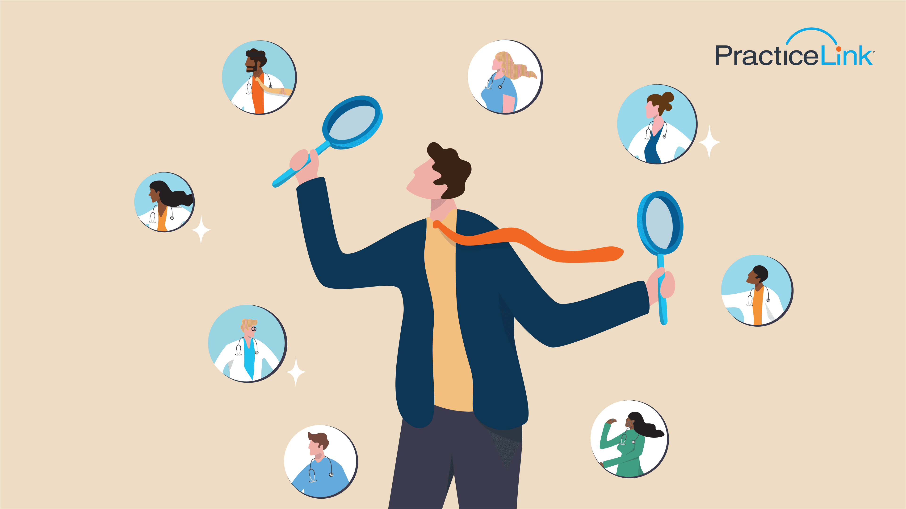 Animated image showing the various tasks physician job recruiters must do.