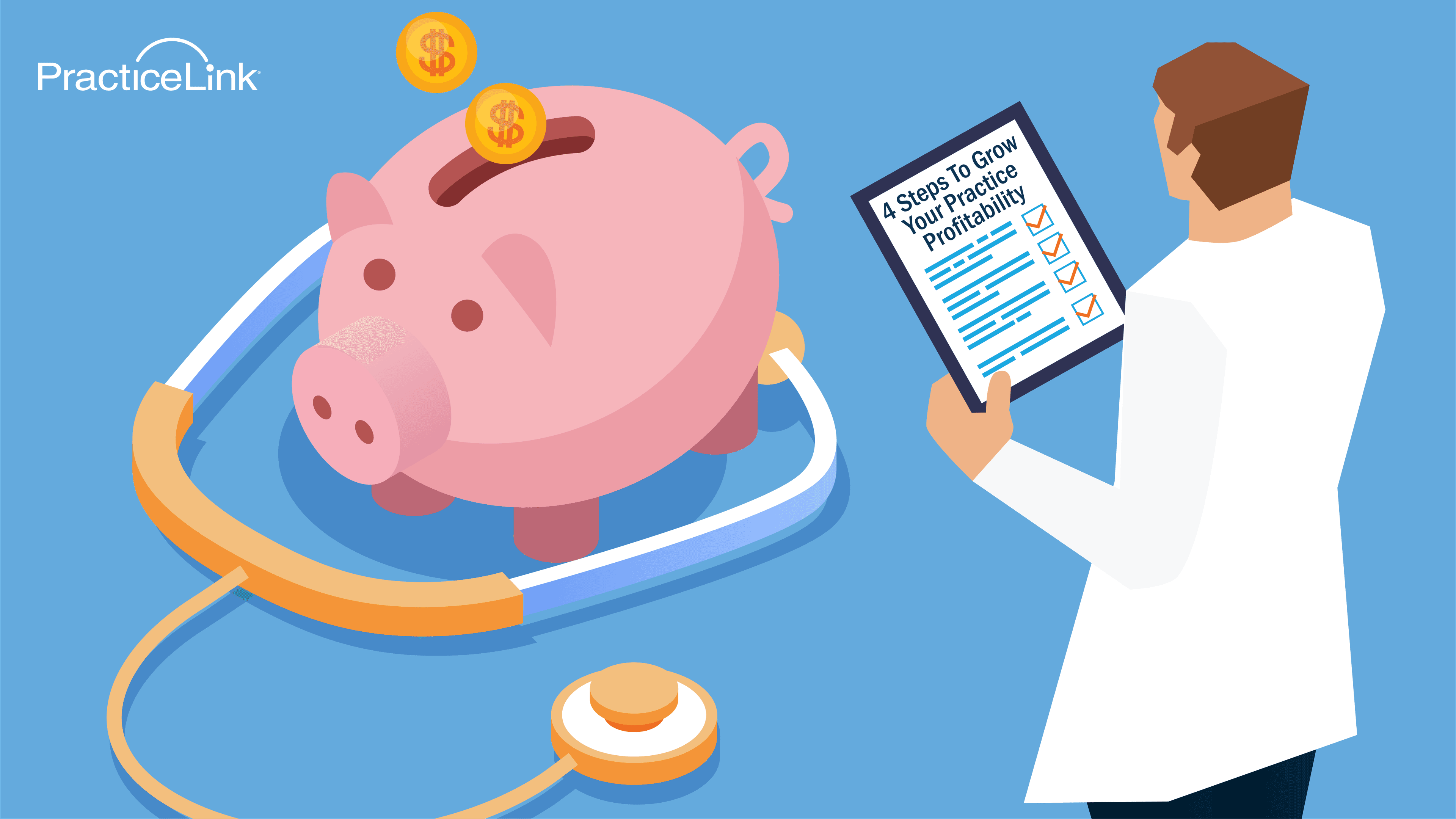 Physician looking at a chart and a piggy bank
