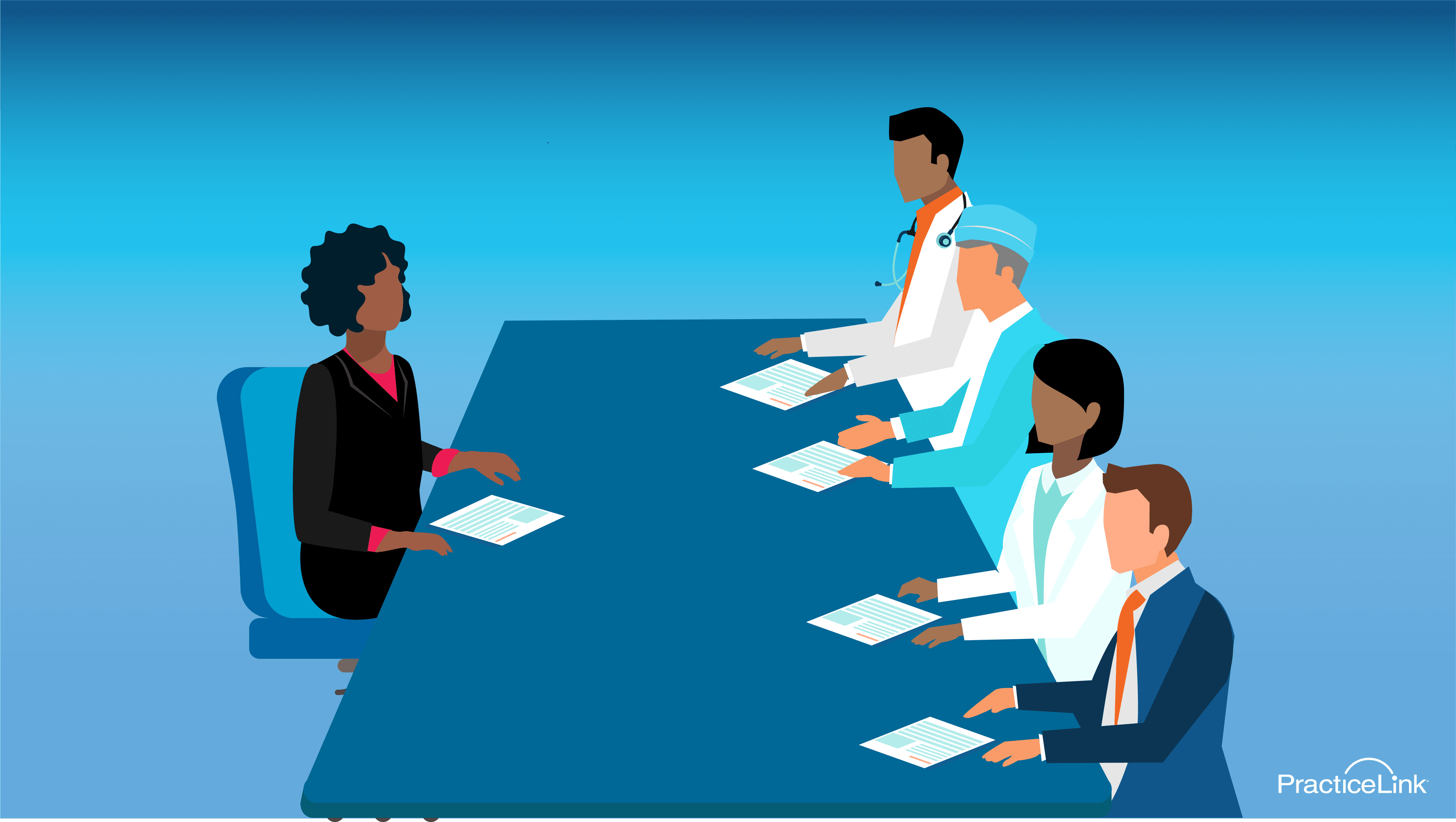 a physician interviewing with a panel of interviewers