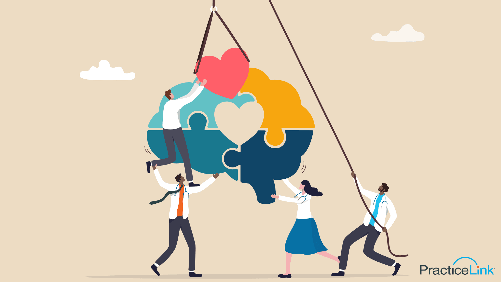 physicians holding up puzzle pieces with a heart in the middle