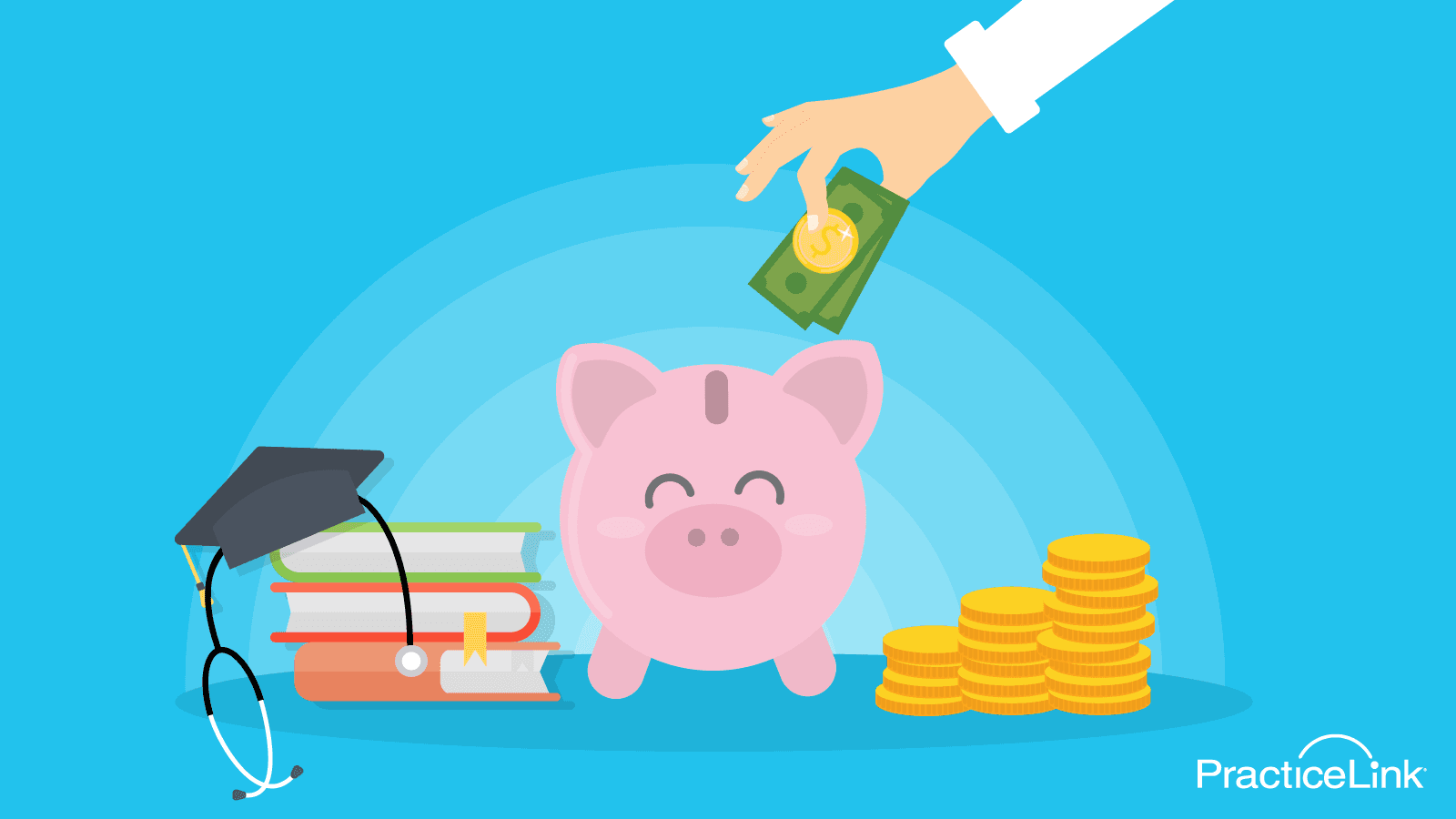 Animated image of doctor hand and piggy back symbolizing paying back medical school loans.