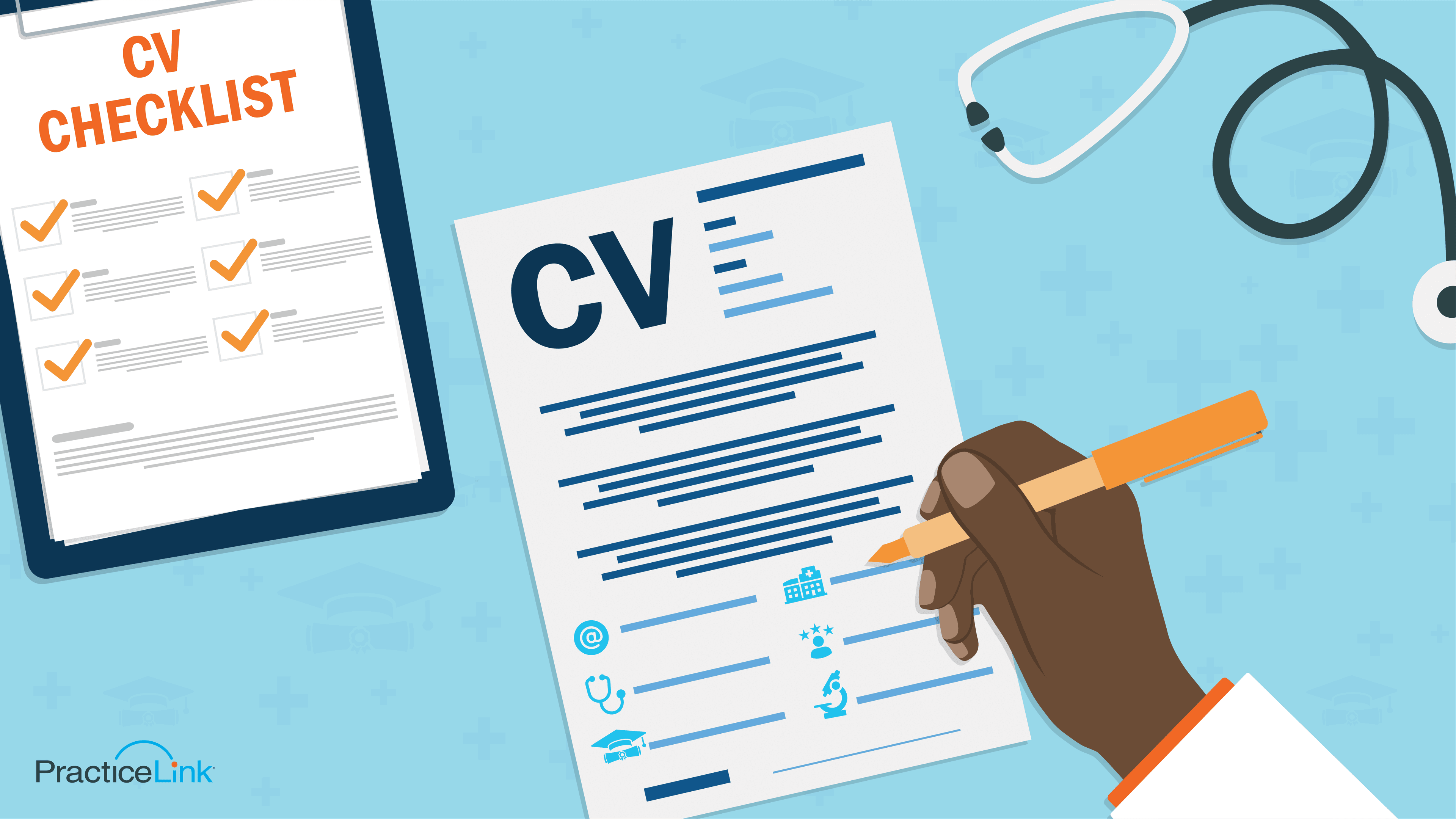 A physician's hand making sure their CV checks off all the boxes from their CV checklist.