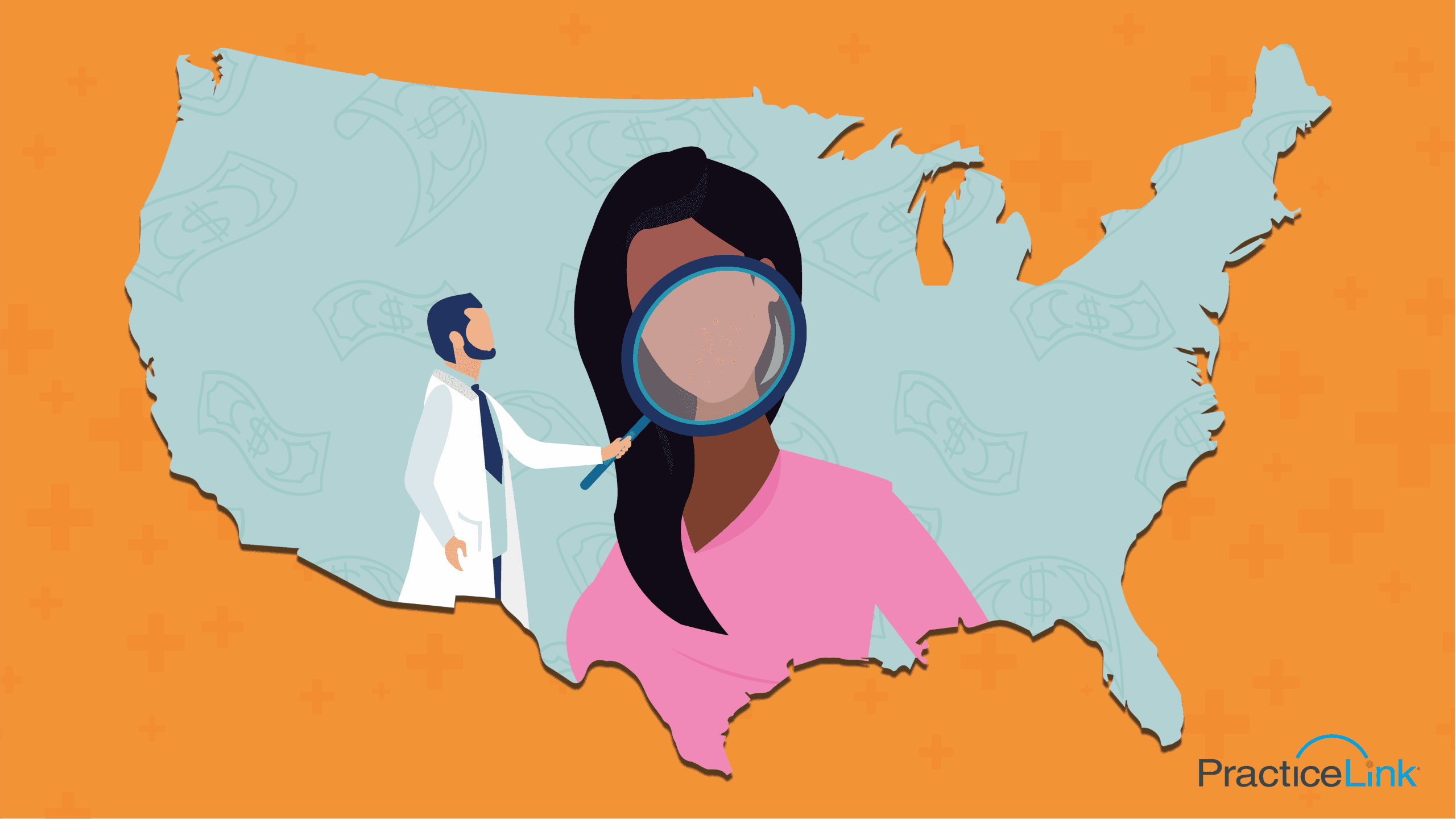 Physician using magnifying glass to search for dermatologist hires across the United States.