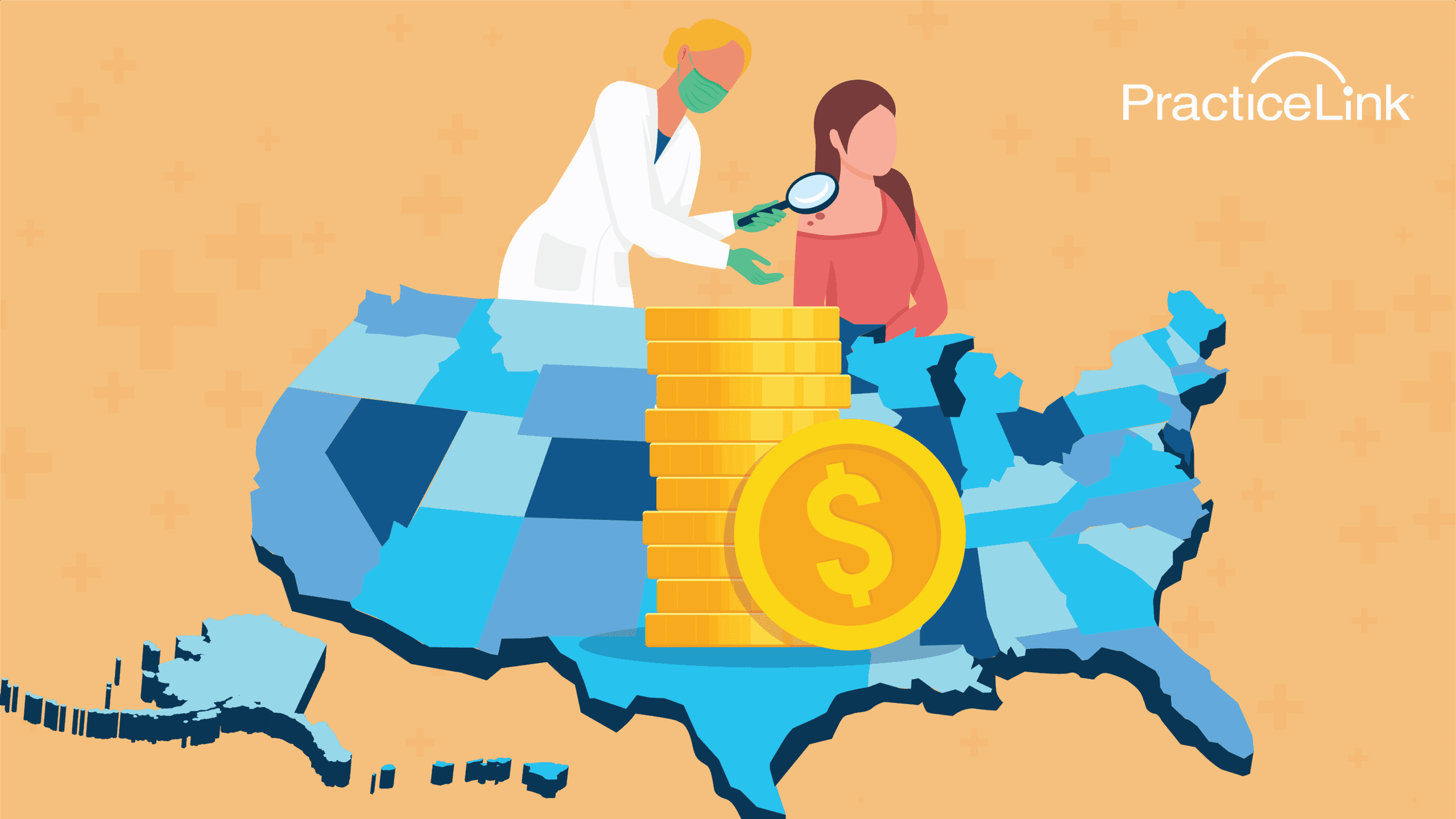 Dermatologist meeting with patient over image of United States and coins.