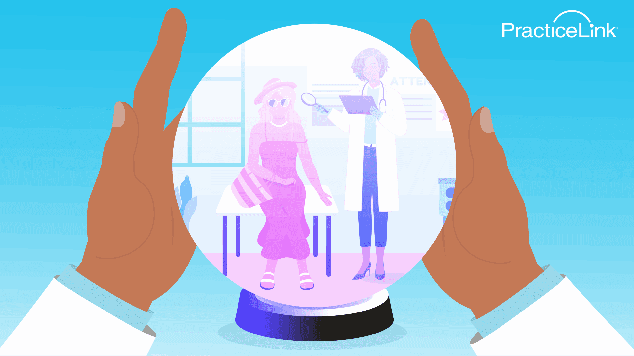 A crystal ball with a dermatologist and patient inside signifying the future job outlook for dermatology.