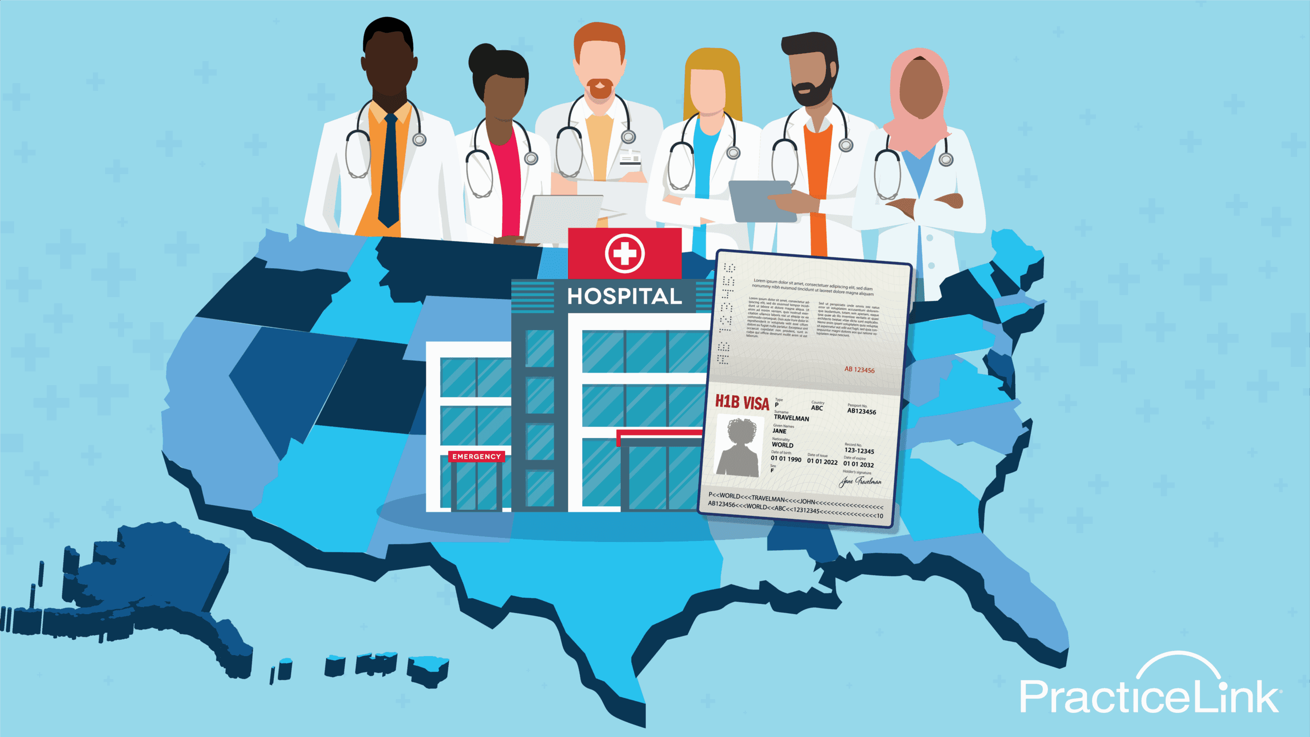 Doctors standing over map of United States and applying for an H1B Visa.