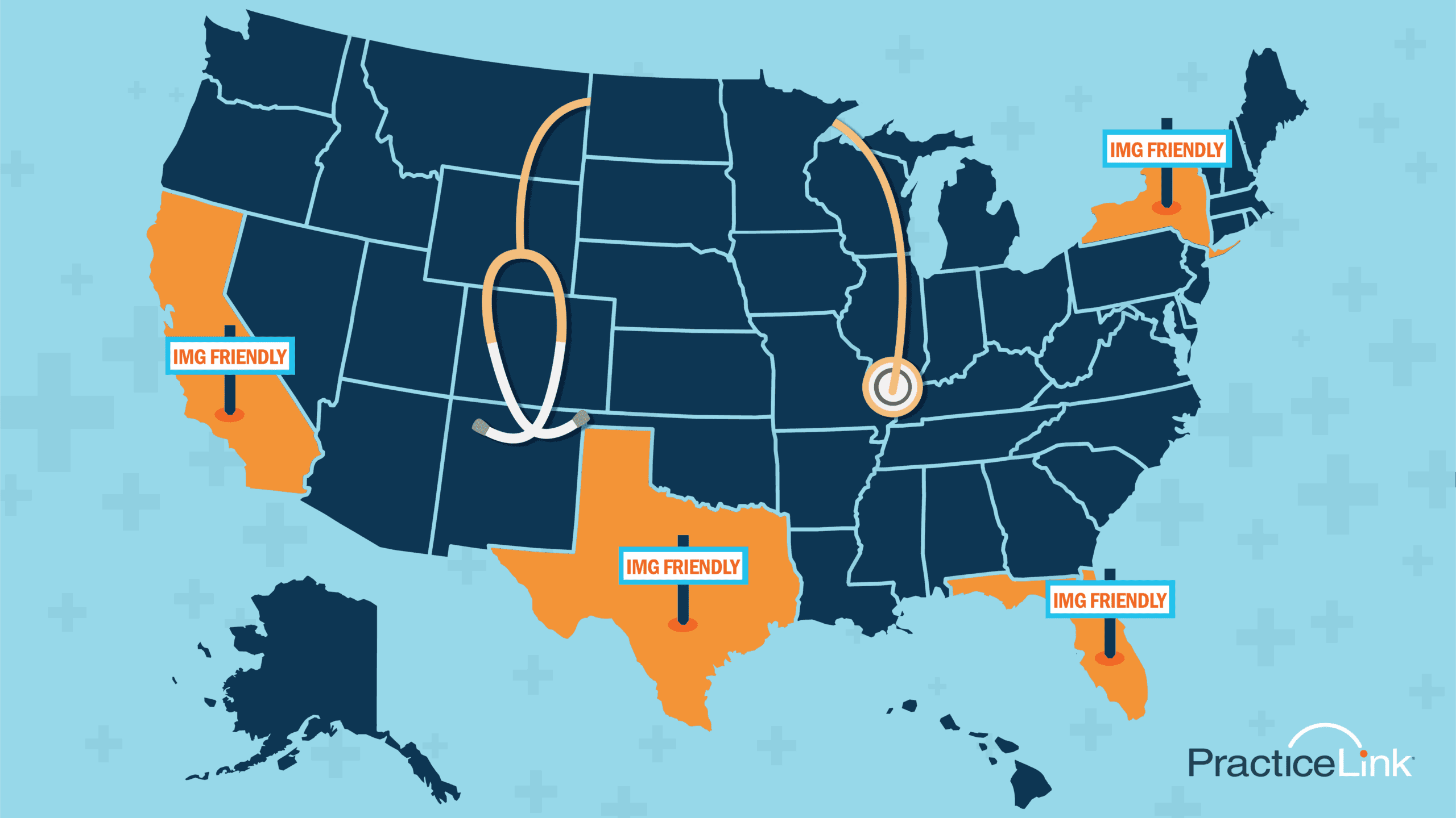 A map of the United States which shows that Texas, California, New York and Florida are IMG-friendly states.