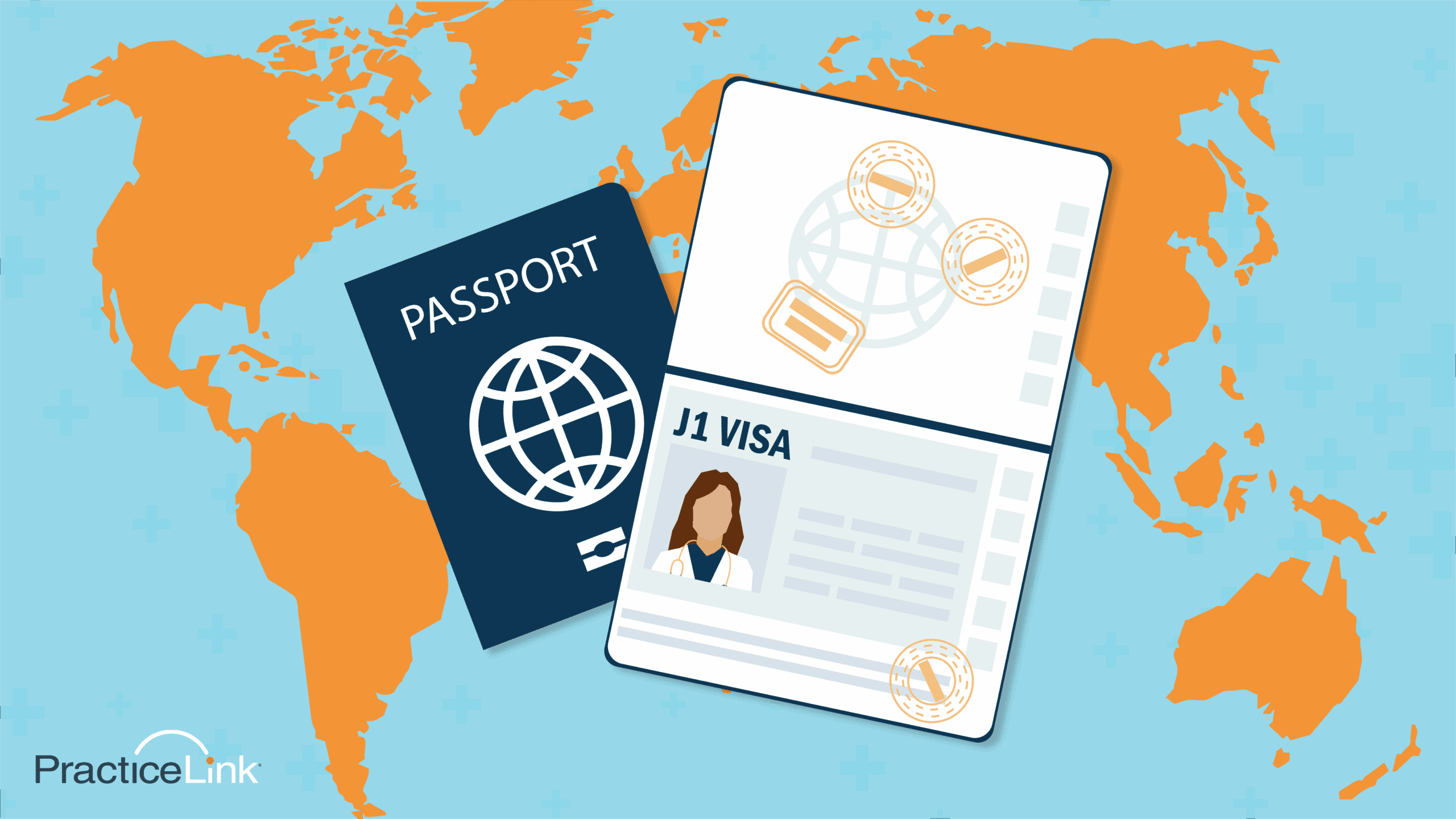 A passport and J1 Visa over a world map.
