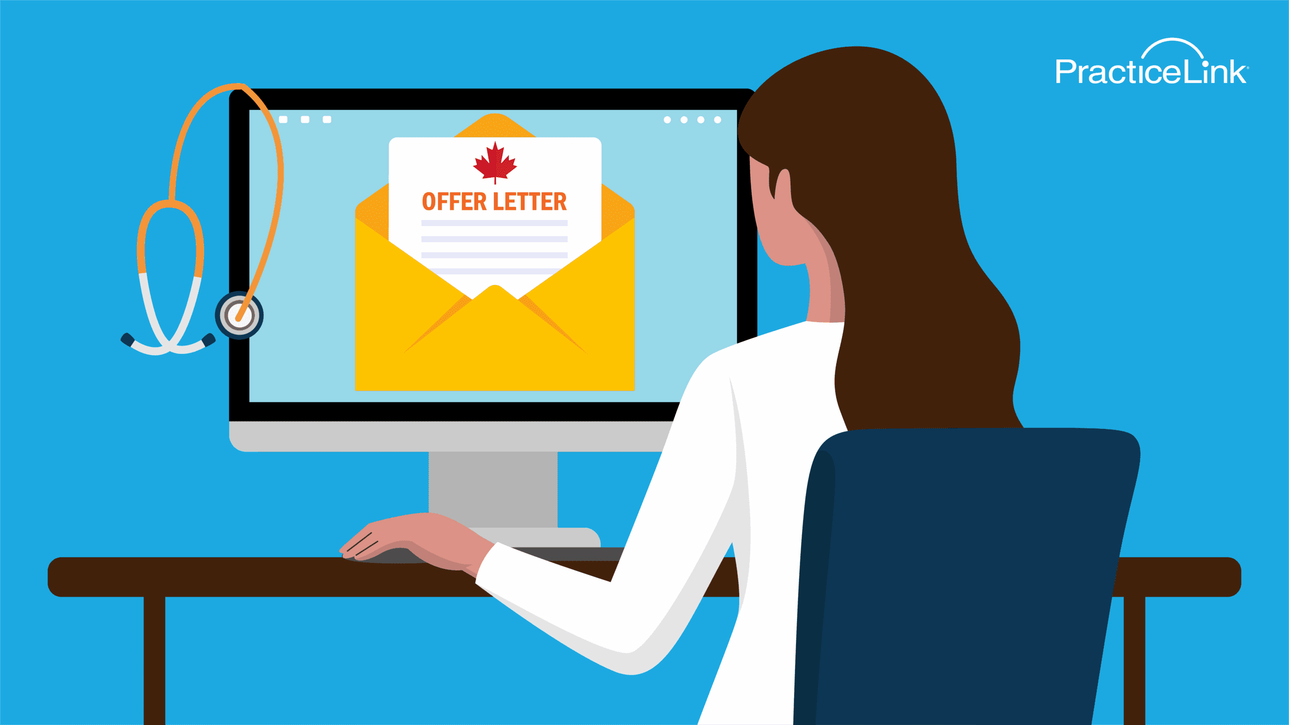 Physician viewing an offer letter on computer from a Canadian employer.