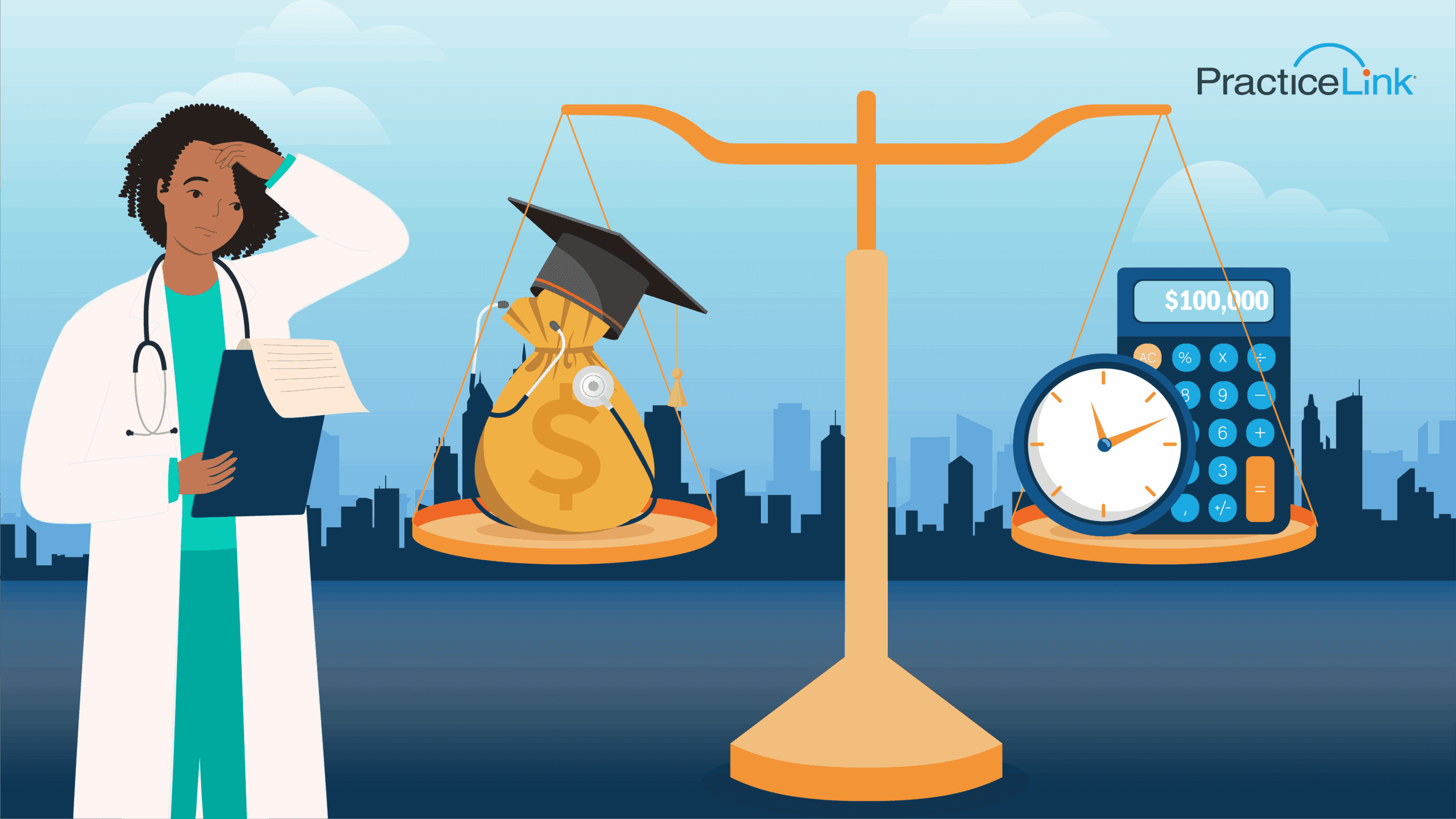 A recently graduated physician pondering how long it would take to pay off $100,000 in medical school student loans.