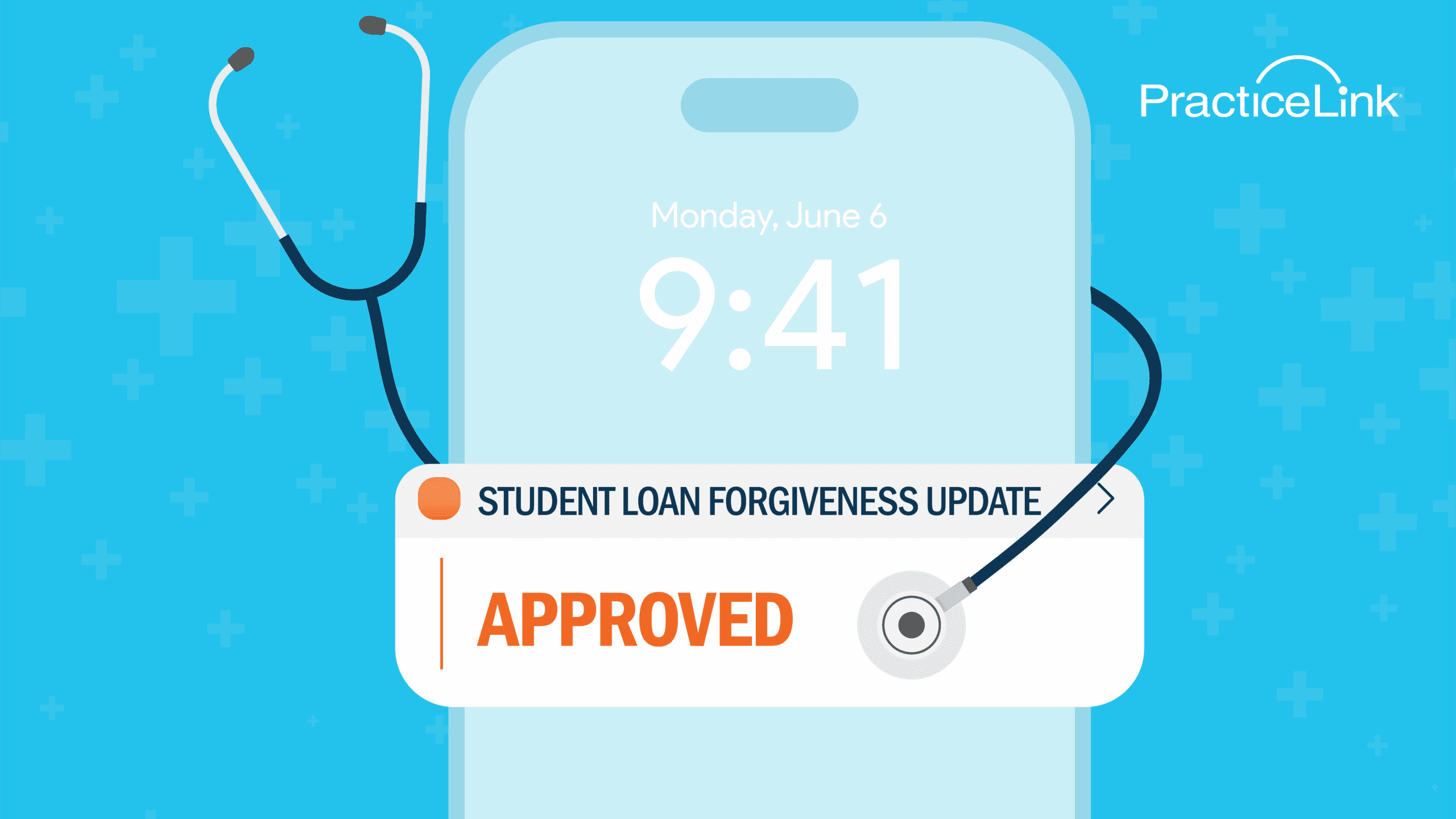 A phone showing an alert that a medical school student loan debt has been approved to be forgiven.