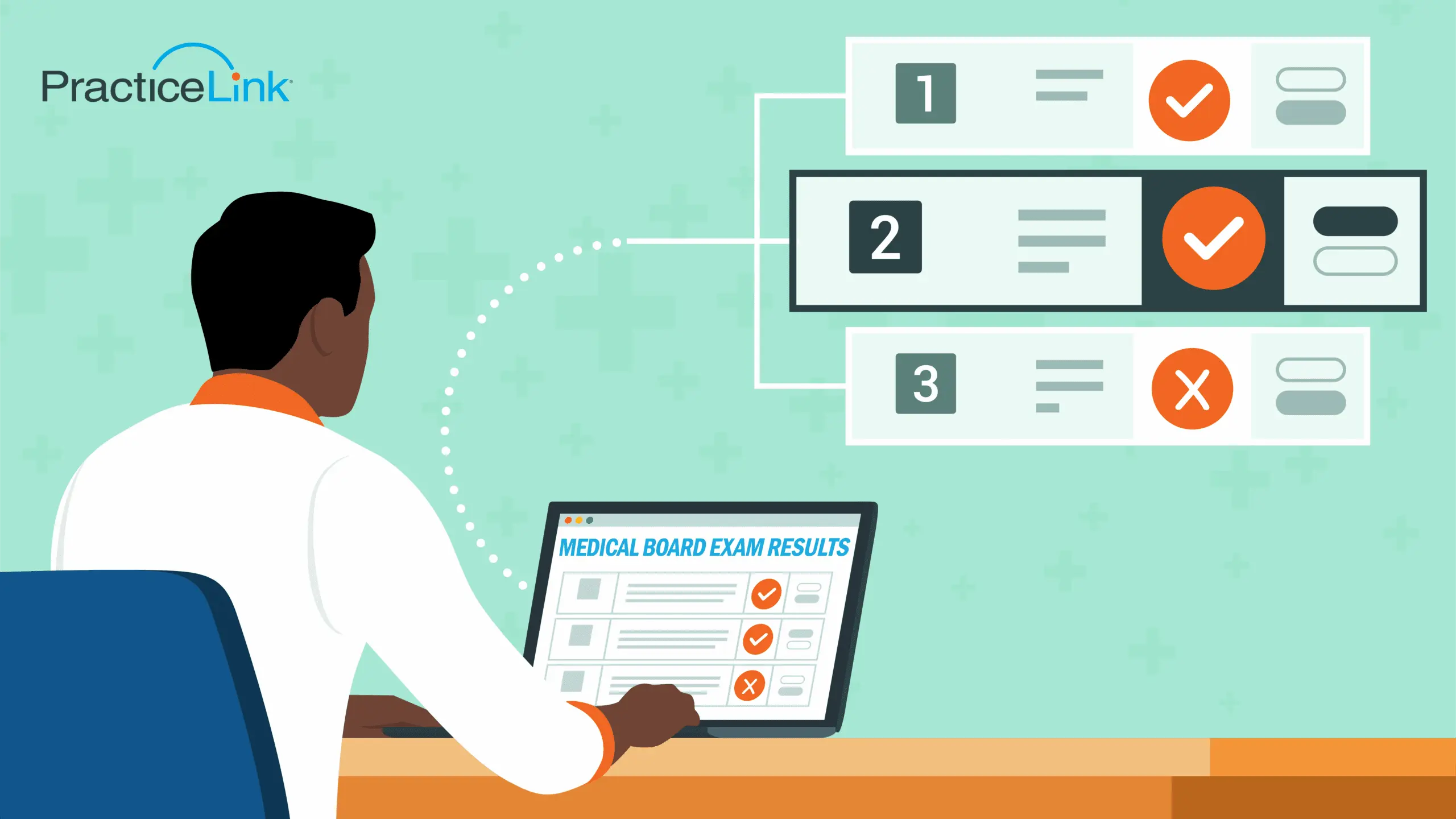 A physician sitting at desk discovering his medical board exam results and how it relates to what percentage of doctors pass their board exam.